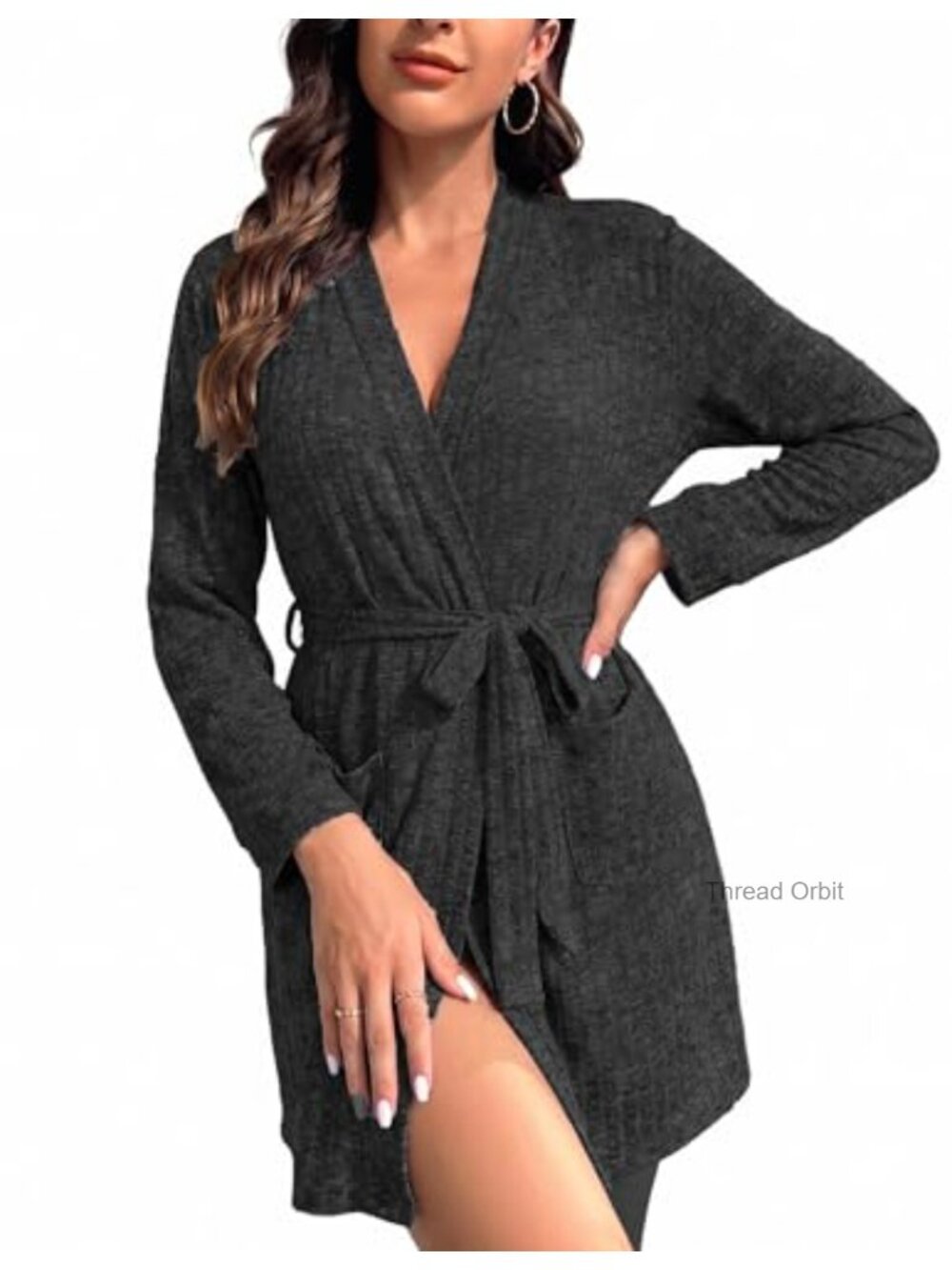 Ribbed Knit Robe Short Lightweight Bathrobe Soft Long Sleeve Pockets